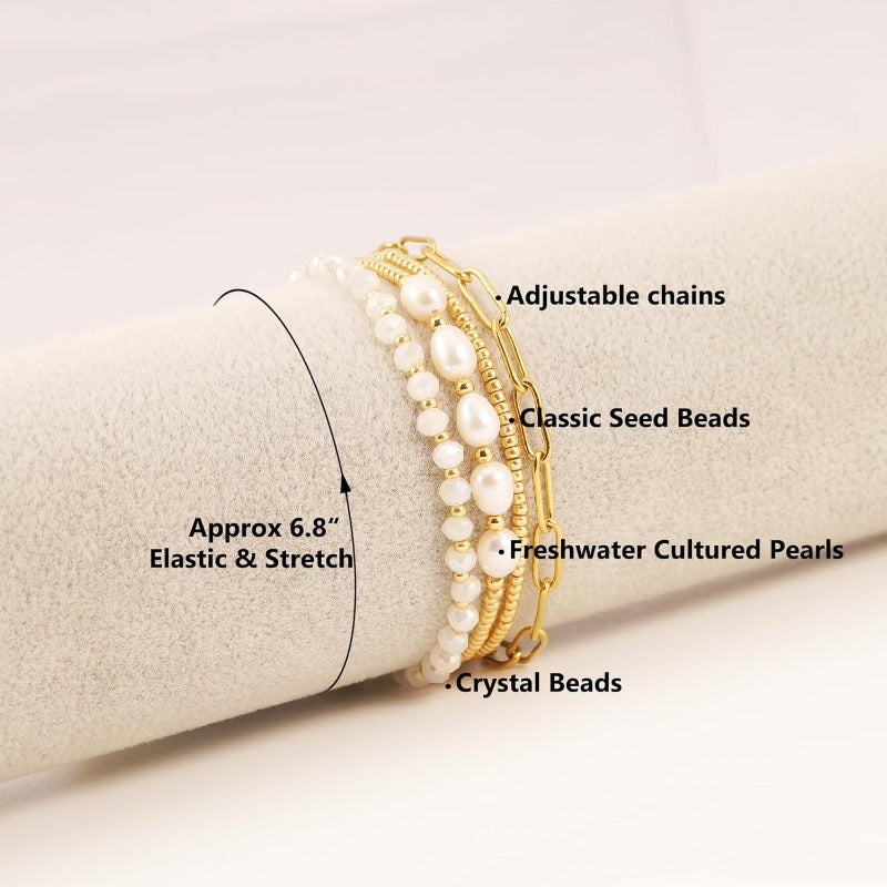 Dainty Gold Pearl Crystal Beaded Bracelets Set