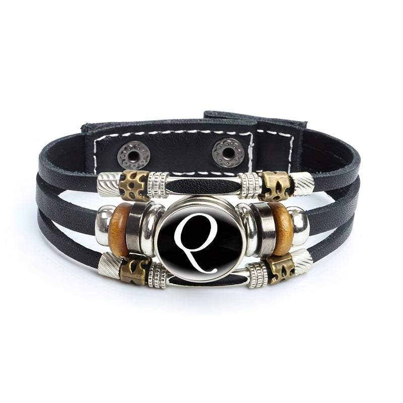Artistic Letter A-Z Faux Leather Letters Glass Adjustable Bracelet
