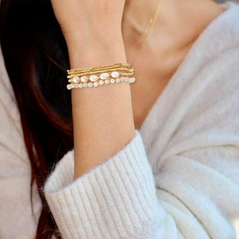 Dainty Gold Pearl Crystal Beaded Bracelets Set