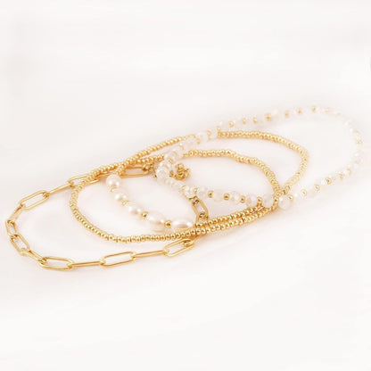 Dainty Gold Pearl Crystal Beaded Bracelets Set