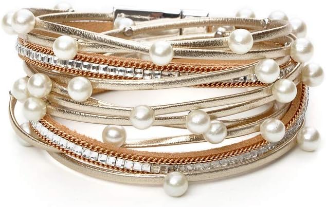 Boho Leather Wrap Multi-Layer Pearl Crystal Bracelet