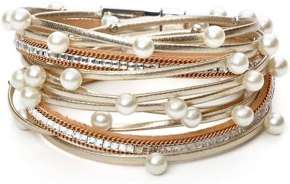 Boho Leather Wrap Multi-Layer Pearl Crystal Bracelet