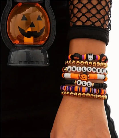 7pcs/Set New Halloween Themed Party Spooky Retro Pumpkin Polymer Clay Beaded Bracelet Set