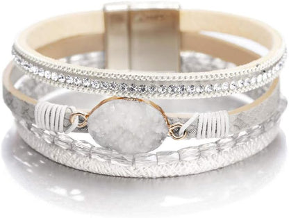 Boho Leather Wrap Multi-Layer Pearl Crystal Bracelet