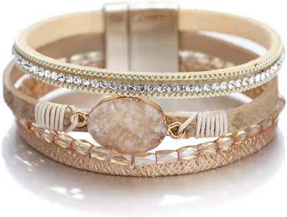 Boho Leather Wrap Multi-Layer Pearl Crystal Bracelet