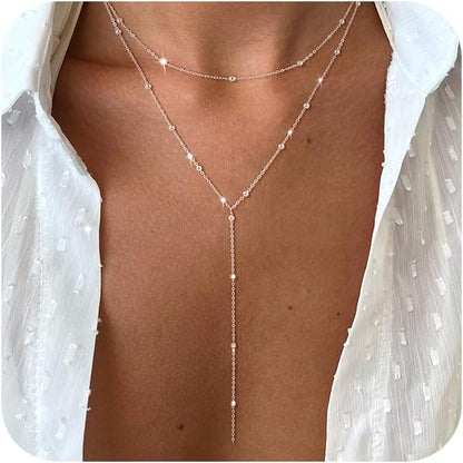 Y-Shaped Pendant Trendy Layered Beaded Chain Drop Necklaces