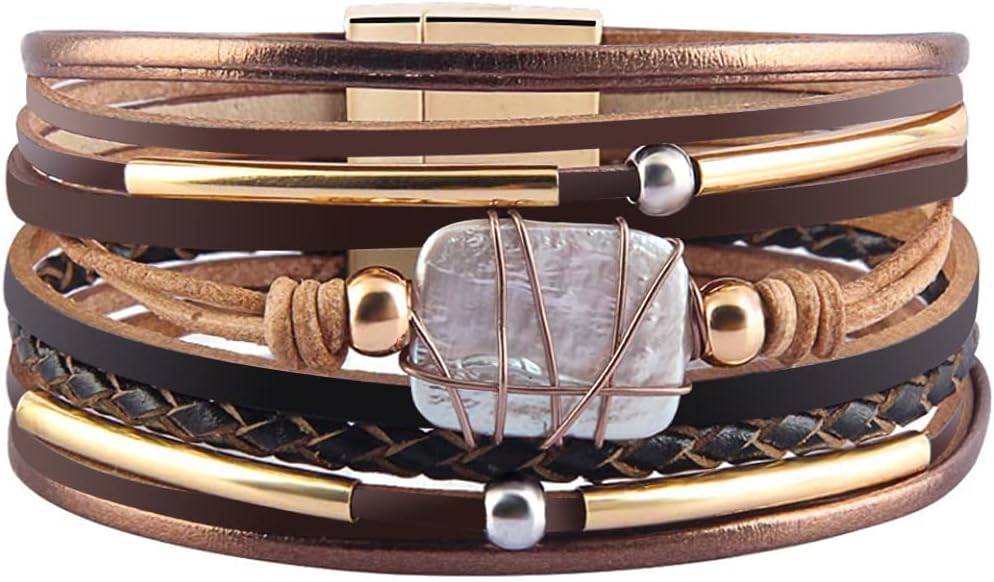 Boho Leather Wrap Multi-Layer Pearl Crystal Bracelet