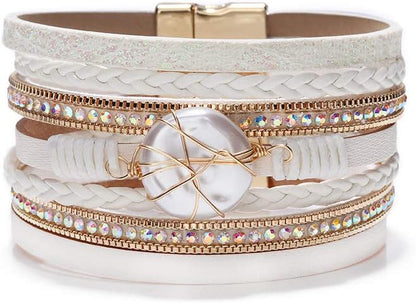 Boho Leather Wrap Multi-Layer Pearl Crystal Bracelet