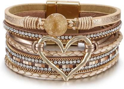Boho Leather Wrap Multi-Layer Pearl Crystal Bracelet