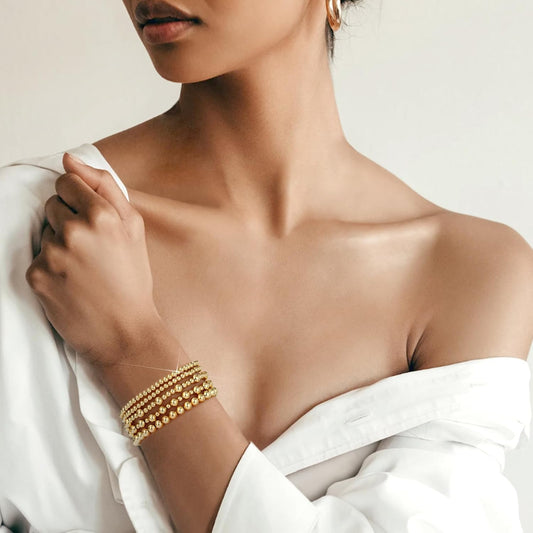 14K Gold Plated Beaded Strand Bead Ball Bracelets Adjustable Jewelry Set