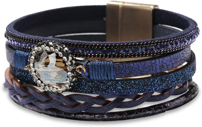 Boho Leather Wrap Multi-Layer Pearl Crystal Bracelet