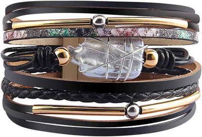 Boho Leather Wrap Multi-Layer Pearl Crystal Bracelet