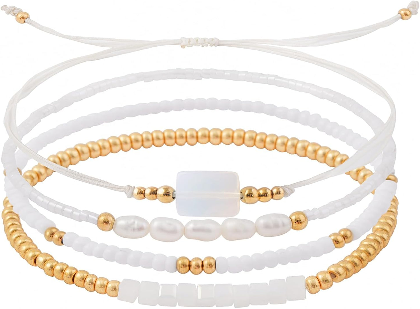 Dainty Gold Pearl Crystal Beaded Bracelets Set