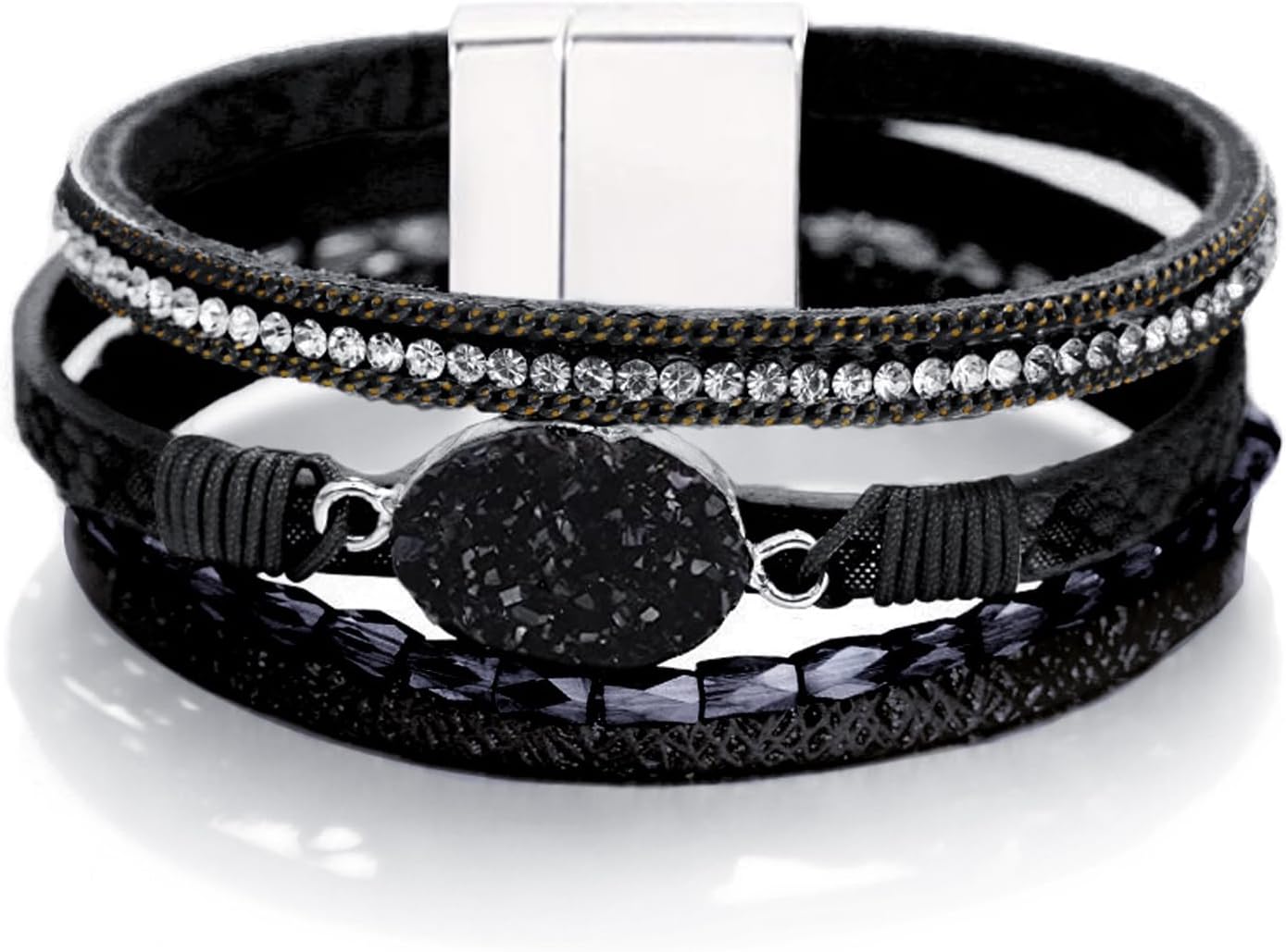 Boho Leather Wrap Multi-Layer Pearl Crystal Bracelet