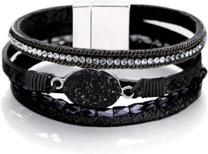 Boho Leather Wrap Multi-Layer Pearl Crystal Bracelet