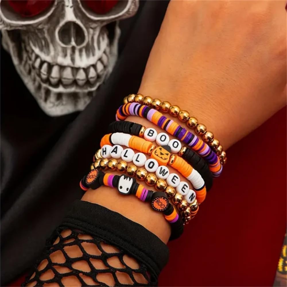 7pcs/Set New Halloween Themed Party Spooky Retro Pumpkin Polymer Clay Beaded Bracelet Set