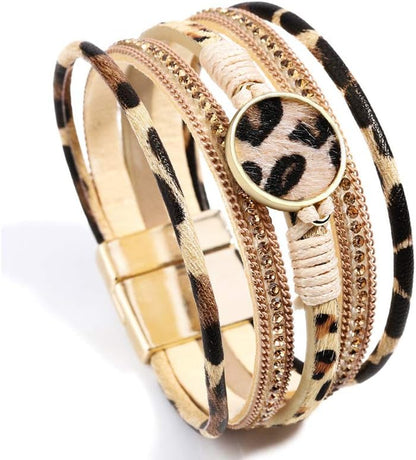 Boho Leather Wrap Multi-Layer Pearl Crystal Bracelet
