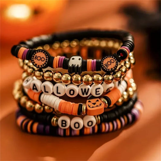 7pcs/Set New Halloween Themed Party Spooky Retro Pumpkin Polymer Clay Beaded Bracelet Set