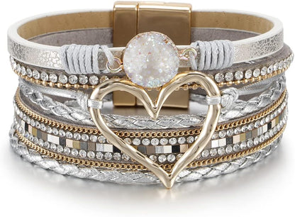 Boho Leather Wrap Multi-Layer Pearl Crystal Bracelet