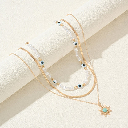 Imitation Pearl Eight-pointed Star Stacked Pendant Necklace