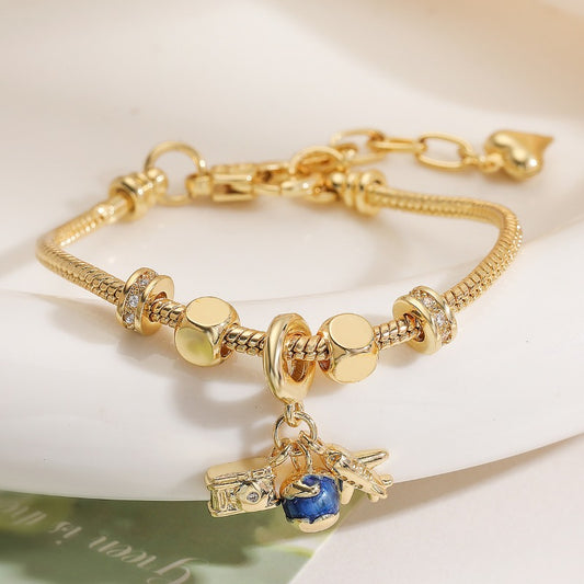 Gold Zircon Airplane Travel Pendant Fruit Bracelet