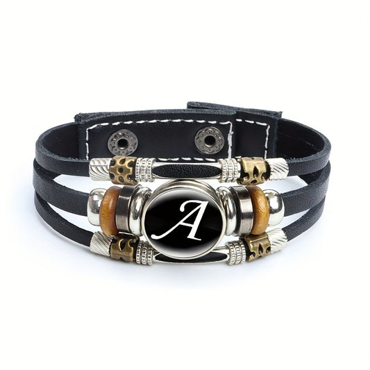 Artistic Letter A-Z Faux Leather Letters Glass Adjustable Bracelet
