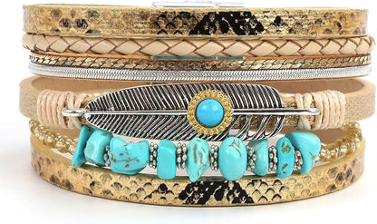 Boho Leather Wrap Multi-Layer Pearl Crystal Bracelet