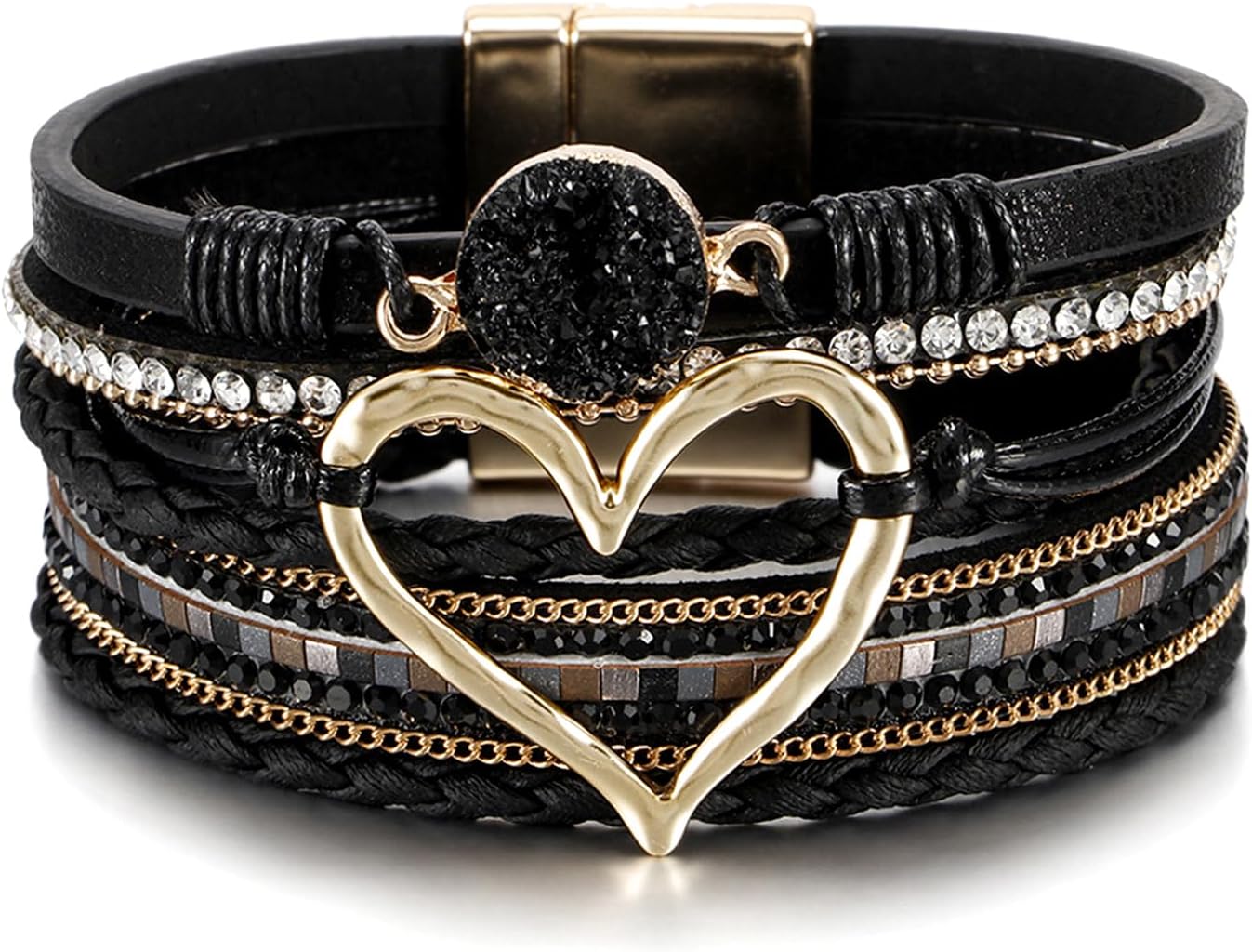 Boho Leather Wrap Multi-Layer Pearl Crystal Bracelet