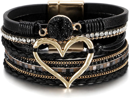 Boho Leather Wrap Multi-Layer Pearl Crystal Bracelet