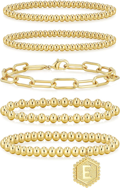 14K Gold Plated Beaded Strand Bead Ball Bracelets Adjustable Jewelry Set
