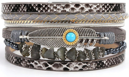 Boho Leather Wrap Multi-Layer Pearl Crystal Bracelet