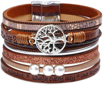 Boho Leather Wrap Multi-Layer Pearl Crystal Bracelet