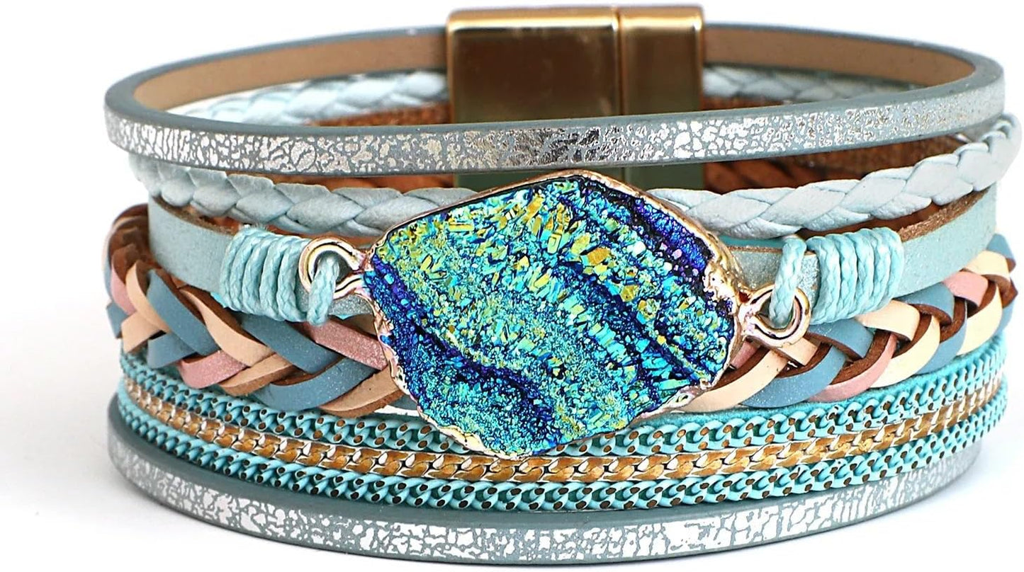 Boho Leather Wrap Multi-Layer Pearl Crystal Bracelet