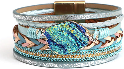 Boho Leather Wrap Multi-Layer Pearl Crystal Bracelet