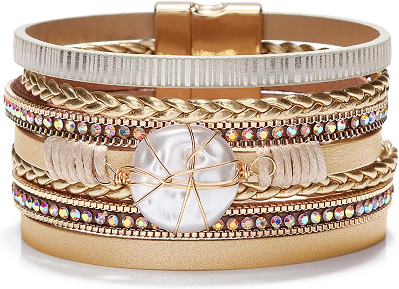 Boho Leather Wrap Multi-Layer Pearl Crystal Bracelet