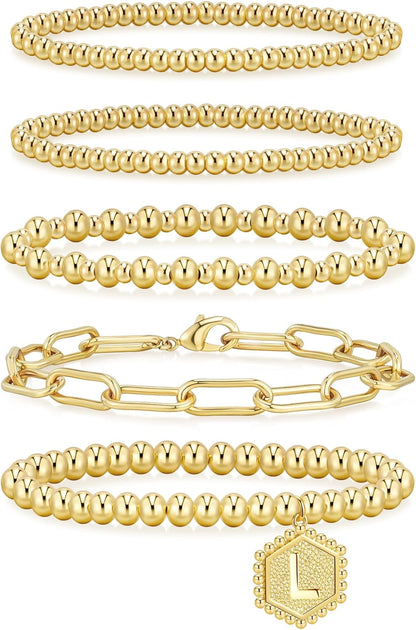 14K Gold Plated Beaded Strand Bead Ball Bracelets Adjustable Jewelry Set