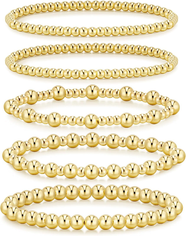 14K Gold Plated Beaded Strand Bead Ball Bracelets Adjustable Jewelry Set