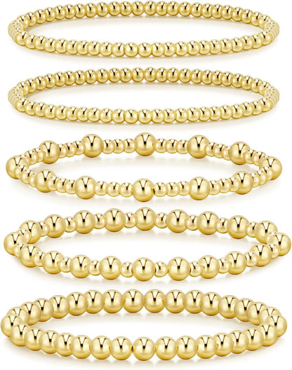 14K Gold Plated Beaded Strand Bead Ball Bracelets Adjustable Jewelry Set