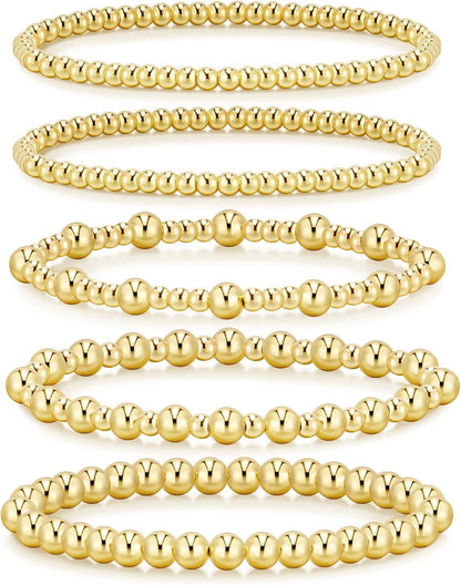 14K Gold Plated Beaded Strand Bead Ball Bracelets Adjustable Jewelry Set