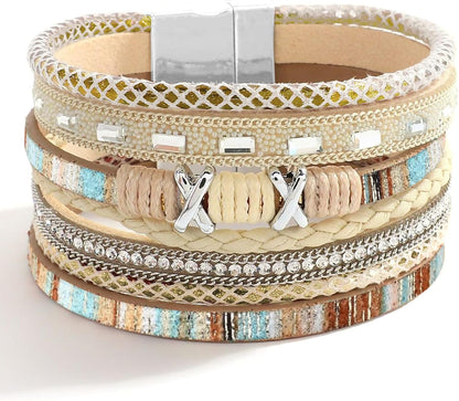 Boho Leather Wrap Multi-Layer Pearl Crystal Bracelet
