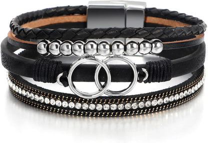 Boho Leather Wrap Multi-Layer Pearl Crystal Bracelet