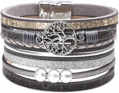 Boho Leather Wrap Multi-Layer Pearl Crystal Bracelet