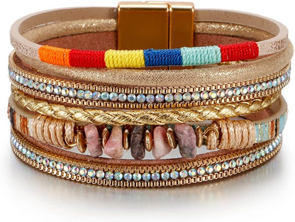Boho Leather Wrap Multi-Layer Pearl Crystal Bracelet
