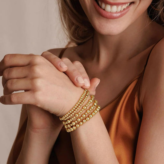 14K Gold Plated Beaded Strand Bead Ball Bracelets Adjustable Jewelry Set