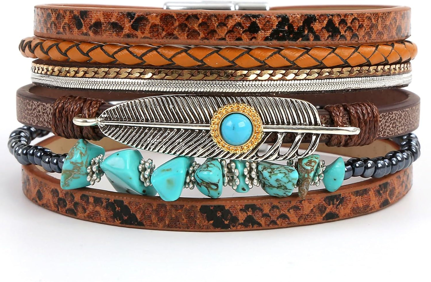 Boho Leather Wrap Multi-Layer Pearl Crystal Bracelet
