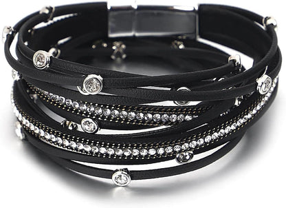 Boho Leather Wrap Multi-Layer Pearl Crystal Bracelet