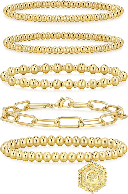 14K Gold Plated Beaded Strand Bead Ball Bracelets Adjustable Jewelry Set