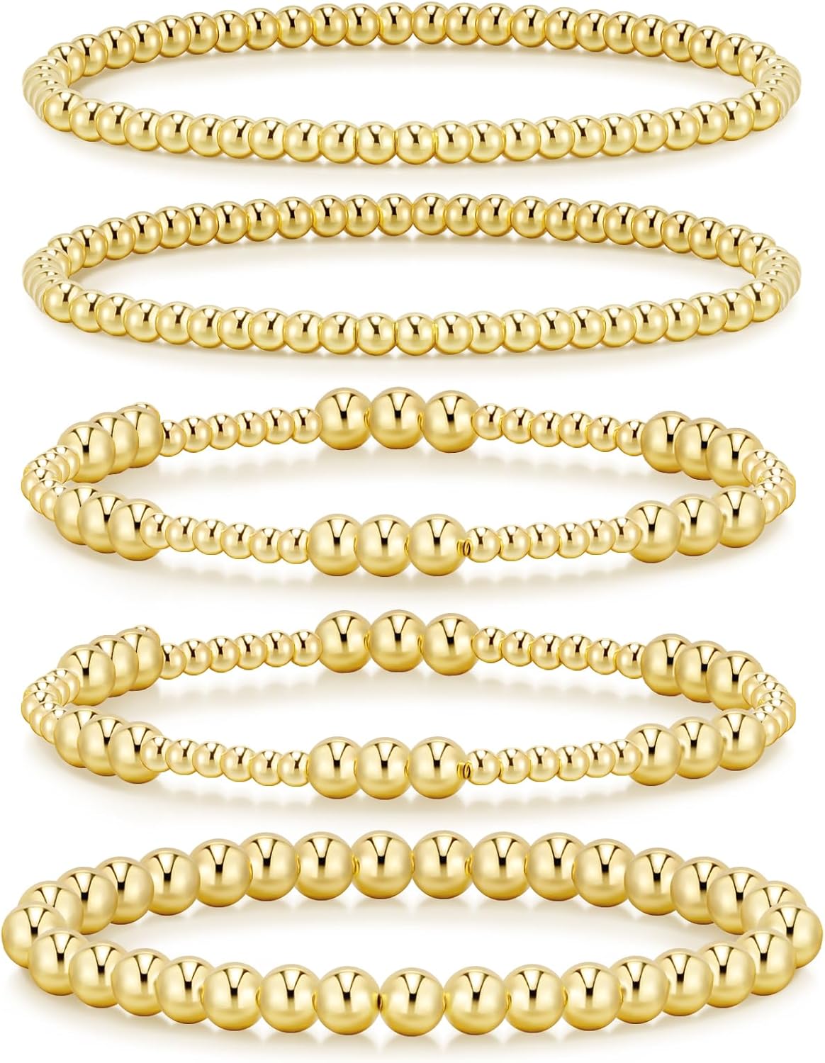 14K Gold Plated Beaded Strand Bead Ball Bracelets Adjustable Jewelry Set
