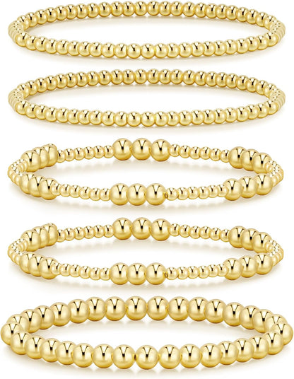 14K Gold Plated Beaded Strand Bead Ball Bracelets Adjustable Jewelry Set