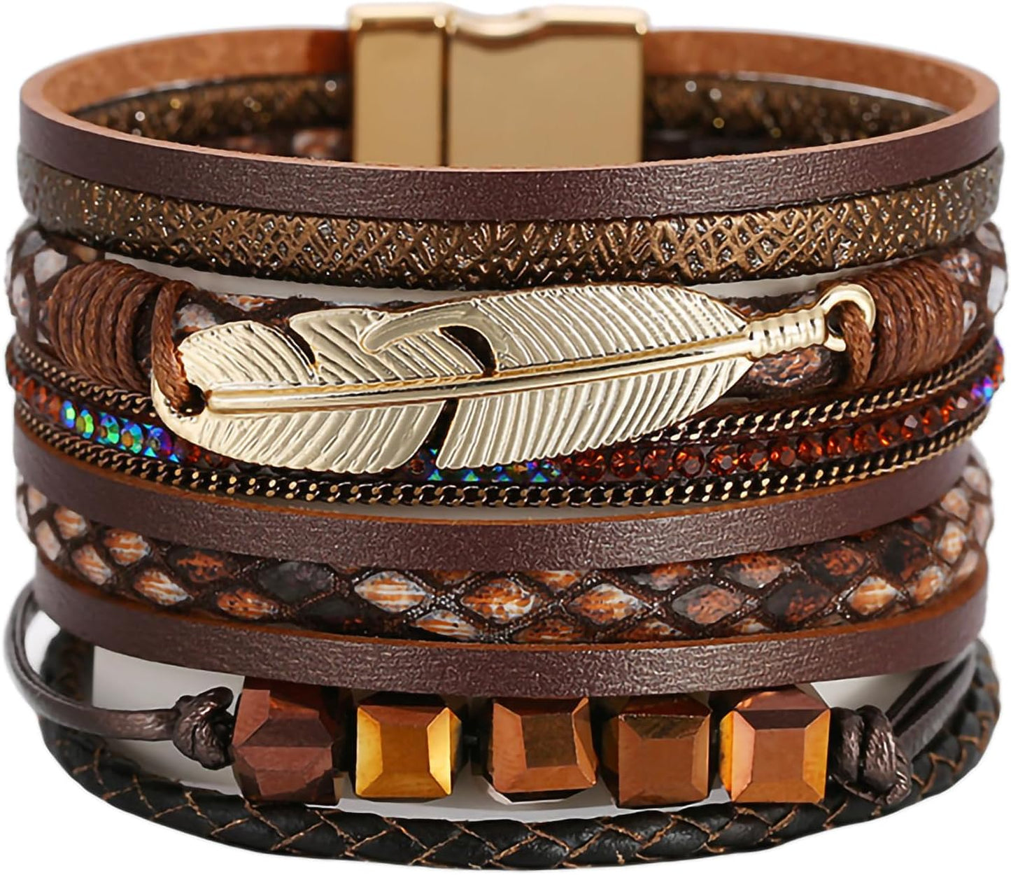 Boho Leather Wrap Multi-Layer Pearl Crystal Bracelet